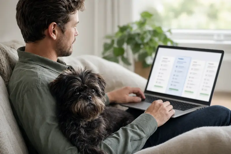 Ein Besitzer arbeitet am Laptop auf dem Sofa mit einem Affenpinscher Hund, während er einen Versicherungsvergleich für Tierkrankenversicherung durchführt.