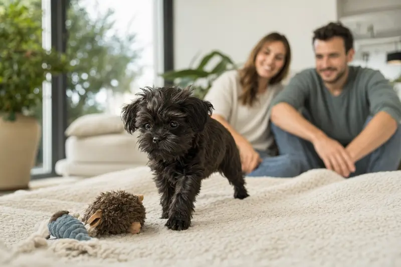 Ein neugieriger Affenpinscher Welpe erkundet seine helle Wohnung mit Spielzeug und einer weichen Decke.