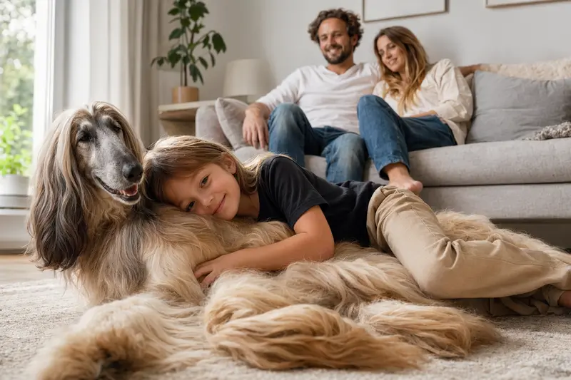 Ein freundlicher Afghan Hound liegt entspannt neben einem Kind im hellen Wohnzimmer einer Familie.