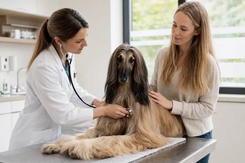 Ein ruhiger Afghan Hound wird in einer modernen Tierarztpraxis behutsam mit dem Stethoskop untersucht, während seine Besitzerin beruhigend danebensteht.