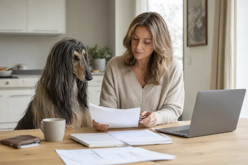 Afghan Hound sitzt ruhig neben seinem Besitzer am Küchentisch mit Versicherungsunterlagen und Laptop zur Hundekrankenversicherung.