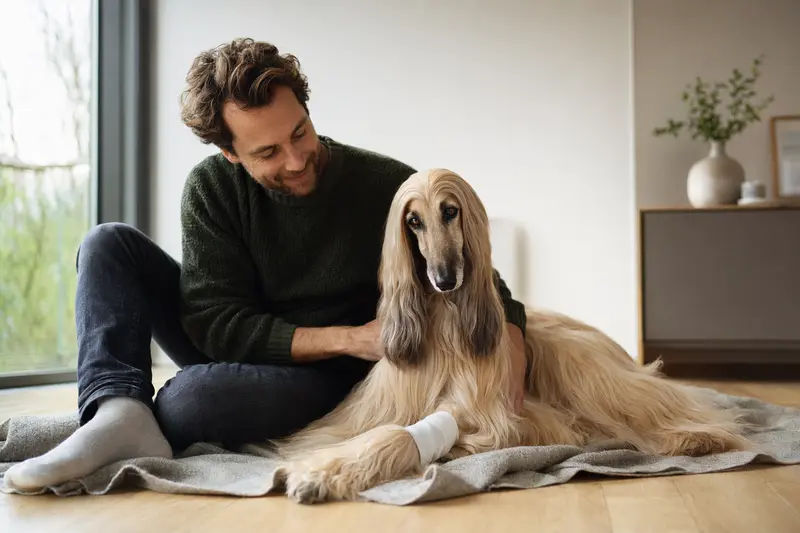 Ein Afghan Hound mit leichtem Verband an der Pfote liegt ruhig auf einer Decke neben seinem erleichterten Besitzer.