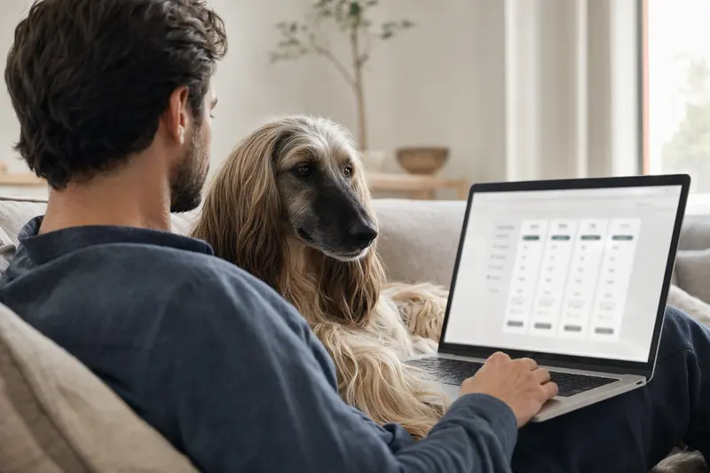 Ein Hundebesitzer arbeitet am Laptop auf dem Sofa, während ein Afghan Hound neben ihm sitzt, das Bild vermittelt Sicherheit durch die Auswahl der Tierversicherung.