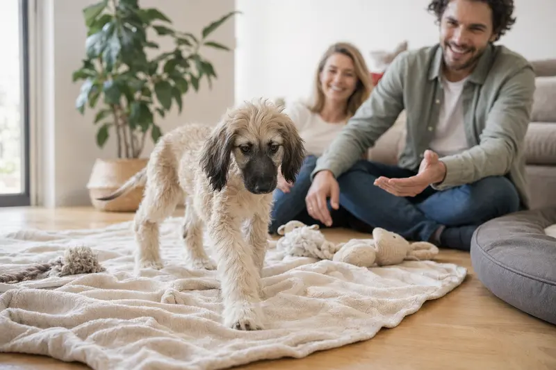 Junger Afghan Hound Welpe entdeckt neugierig sein neues Zuhause in einer hellen Wohnung mit weicher Decke und Spielzeug.