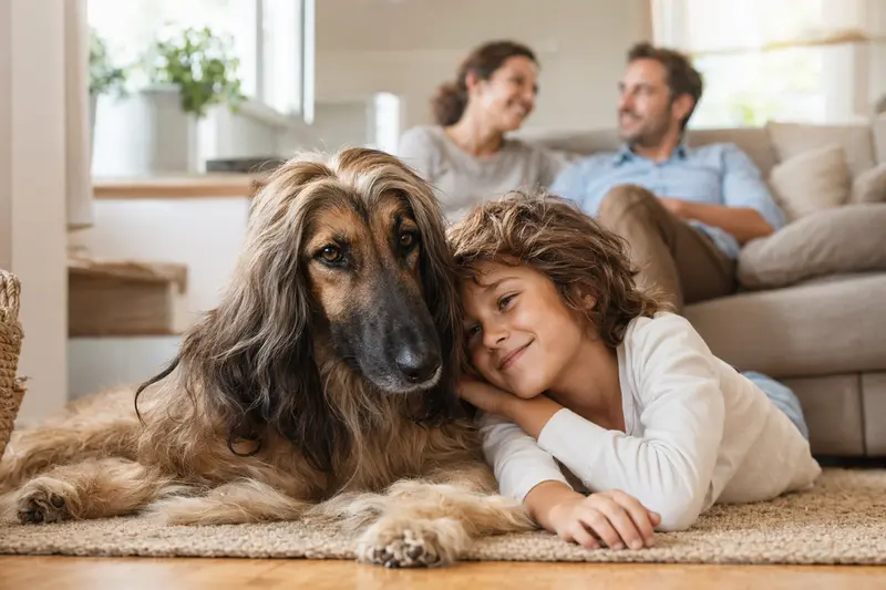 Ein freundlicher Afghane Hund liegt entspannt neben einem Kind im Wohnzimmer, während die Eltern im Hintergrund eine sichere Familienatmosphäre vermitteln.