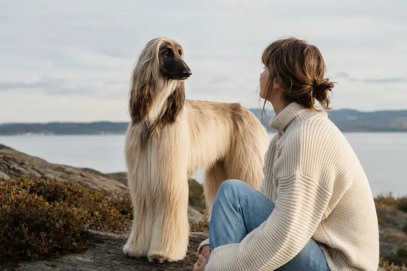 Ein aufmerksam stehender Afghane Hund vor hellem Hintergrund, als realistisches Tierportrait mit typischer Fellstruktur und eleganter Körperform.