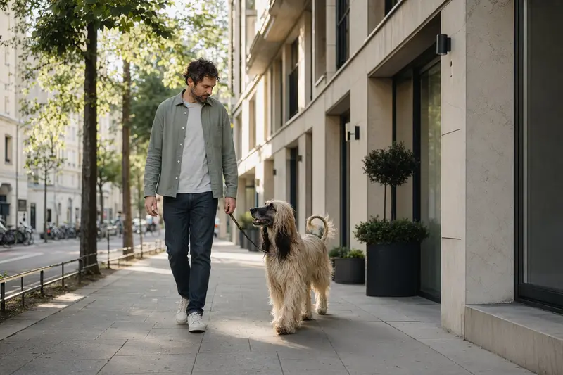 Ein Afghane Hund läuft an der Leine mit seinem Besitzer durch eine moderne Stadtstraße in entspannter Alltagssituation.