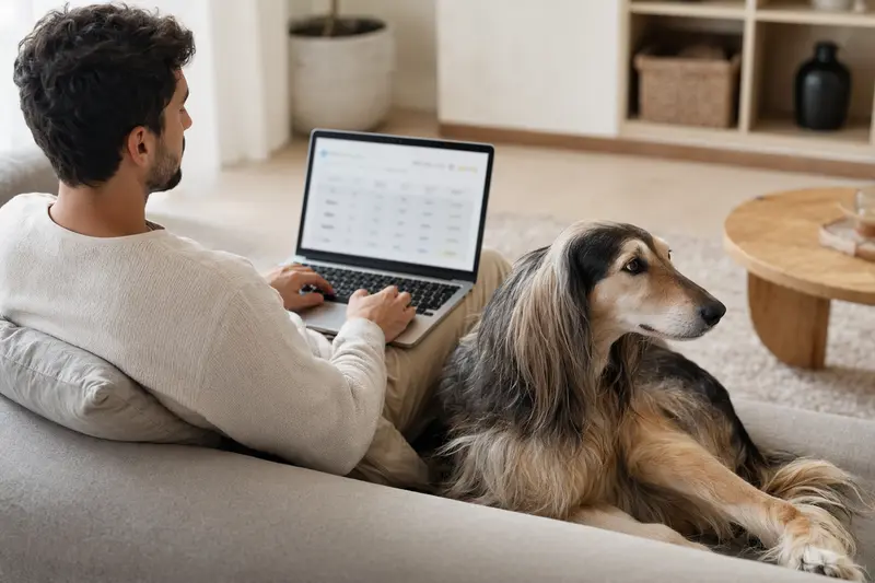 Ein Besitzer sitzt mit Laptop auf dem Sofa, während ein Afghane Hund entspannt daneben liegt und eine Versicherungsvergleichs-Oberfläche auf dem Bildschirm zu sehen ist.