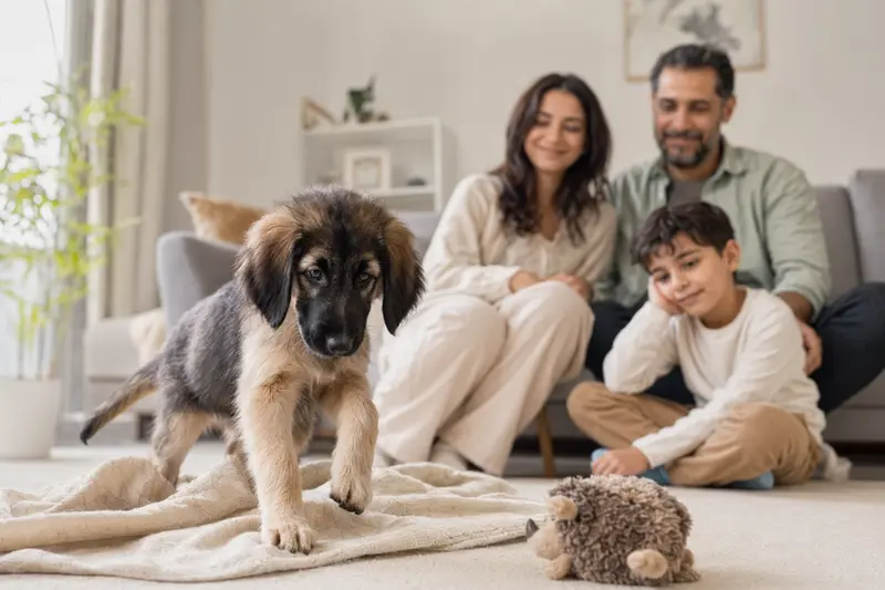 Junger Afghanen-Welpe entdeckt neugierig sein neues Zuhause in einer hellen Wohnung mit weicher Decke und Spielzeug, während seine Familie im Hintergrund steht.