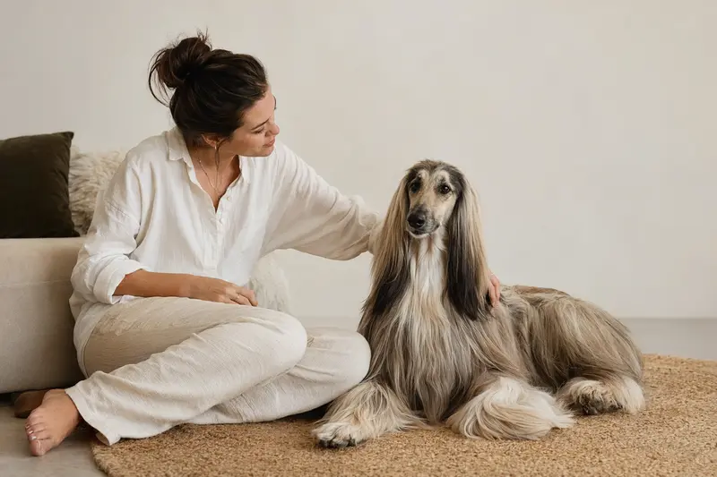 Ein Afghanischer Windhund steht aufmerksam in natürlicher Haltung vor einem neutralen Hintergrund.