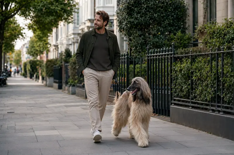 Ein Afghanischer Windhund genießt einen Spaziergang mit seinem Besitzer in einer modernen Stadt.