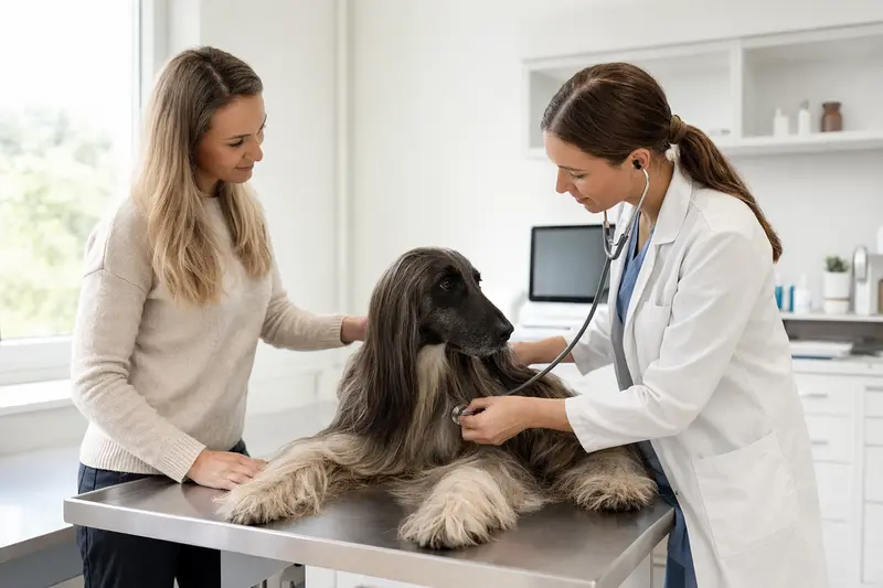 Ein Afghanischer Windhund wird behutsam von einer Tierärztin mit einem Stethoskop untersucht, während sein Besitzer beruhigend an seiner Seite steht.