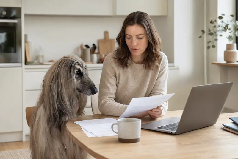 Ein Afghanischer Windhund sitzt neben seinem Besitzer am Küchentisch, auf dem Versicherungsunterlagen und ein Laptop mit Vergleichsseite liegen.