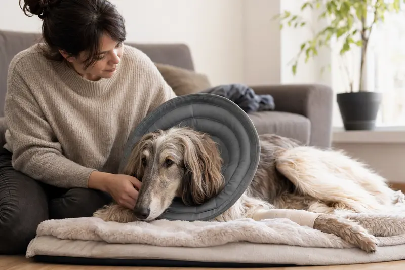Ein Afghanischer Windhund entspannt auf einer Decke mit medizinischem Schutzkragen, während sein Besitzer neben ihm sitzt.