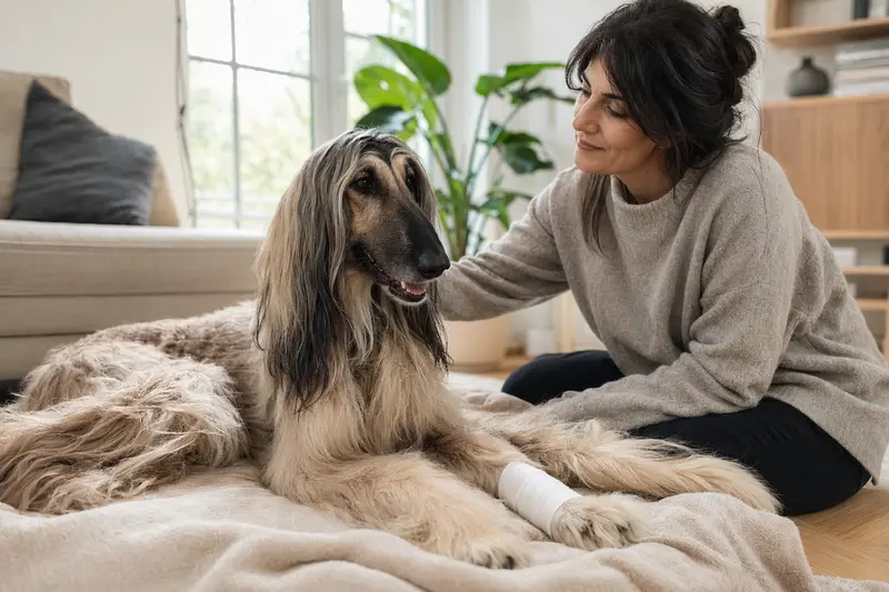Ein Afghanischer Windhund entspannt sich mit leichtem Verband an der Pfote neben seinem erleichterten Besitzer in einer hellen Wohnung.
