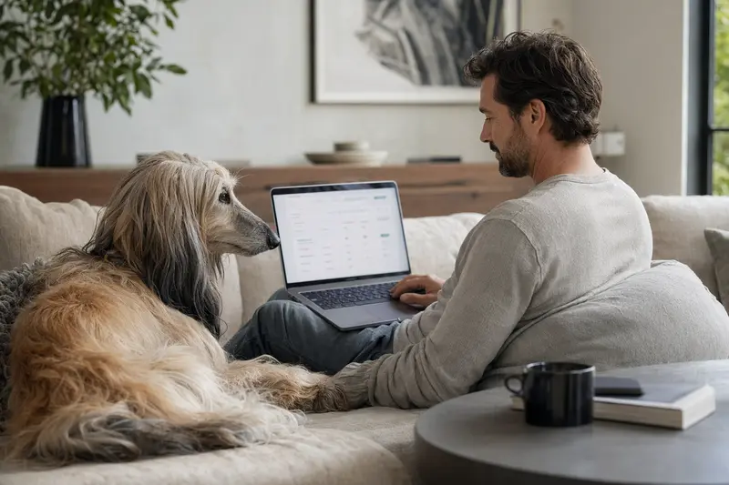 Besitzer mit Laptop auf dem Sofa, neben einem Afghanischen Windhund, während sie eine Versicherungsvergleichsseite betrachten.