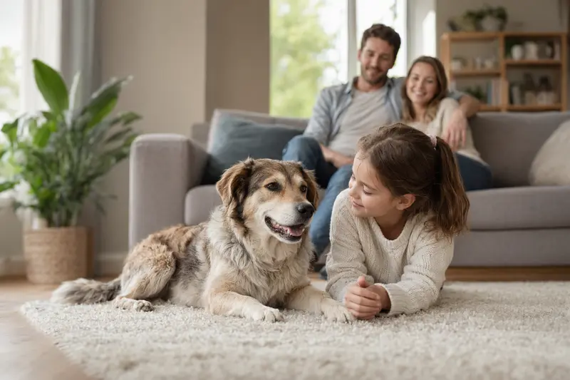 Ein freundlicher Agassin Hund entspannt neben einem Kind im Wohnzimmer, umgeben von Eltern.