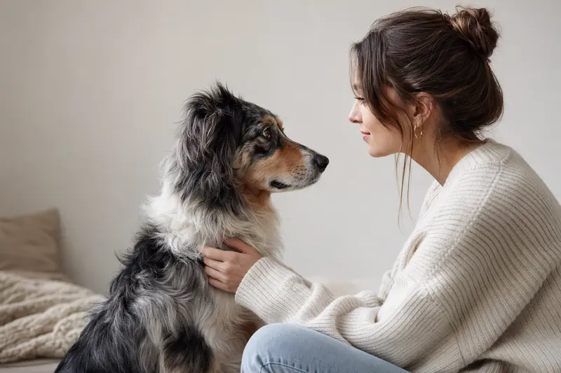 Ein aufmerksamer Agassi Hund steht in natürlicher Haltung vor einem hellen Hintergrund, was seine typische Körperform und Fellstruktur hervorhebt.