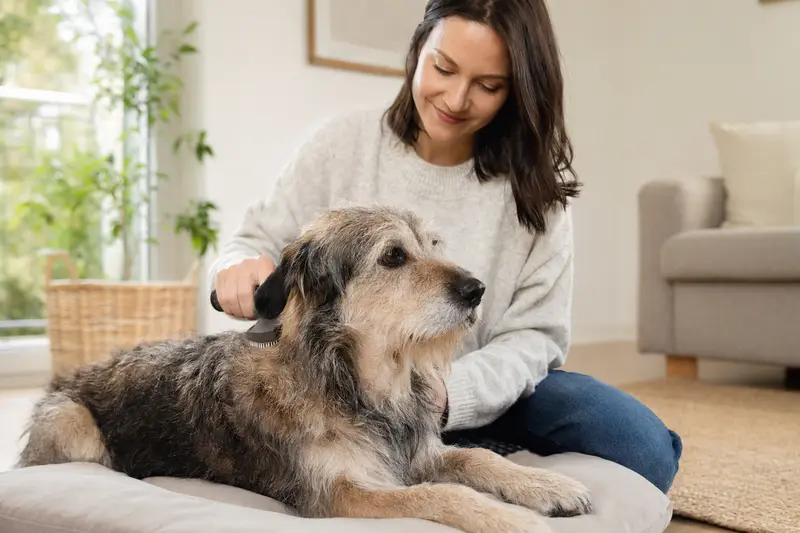 Ein liebevoller Besitzer bürstet sanft das Fell seines Agassi-Hundes in einer hellen Wohnung.