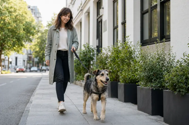 Ein Agassin Hund läuft entspannt an der Leine mit seinem Besitzer durch eine sonnige Stadtstraße.
