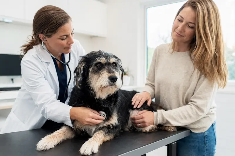 Ein ruhiger Agassin Hund wird von einer freundlichen Tierärztin in einer modernen Praxis mit einem Stethoskop untersucht.
