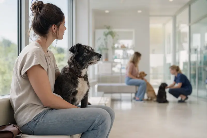 Ein ruhiger Agassi-Hund sitzt neben seinem Besitzer im modernen Wartezimmer einer Tierarztpraxis.