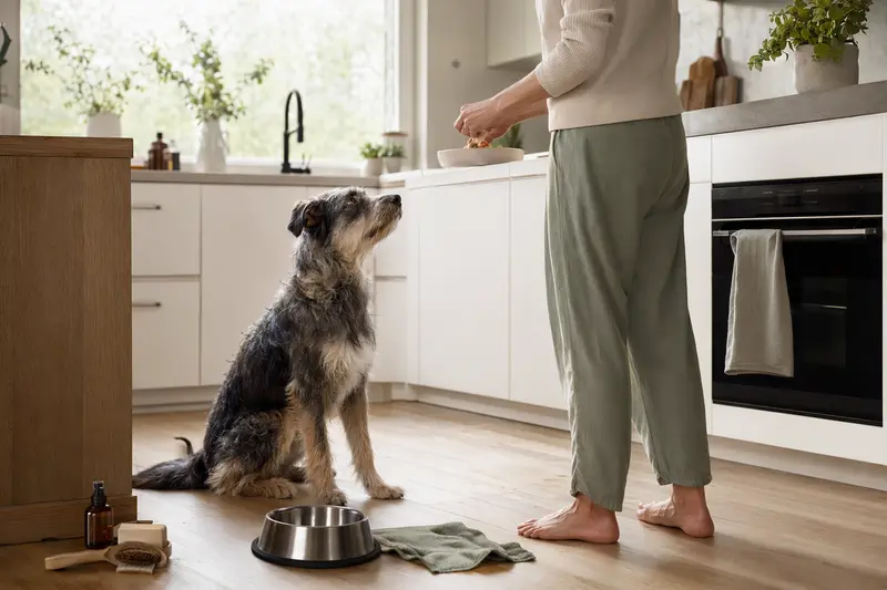Ein Agassin Hund sitzt neben einem hochwertigen Futternapf in einer modernen Küche, während der Besitzer Futter vorbereitet.
