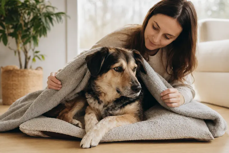 Ein entspannter Agassin Hund liegt in einem hellen Zuhause, während sein Besitzer ihm liebevoll eine Decke überlegt.