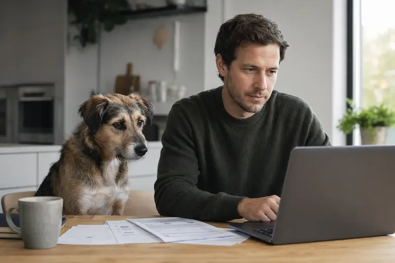 Ein Agassin Hund sitzt entspannt neben seinem Besitzer am Küchentisch, auf dem Versicherungsunterlagen und ein Laptop liegen.