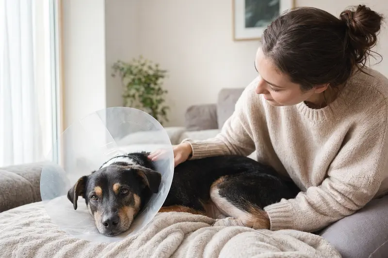 Ein Agassin Hund ruht sich nach einer tierärztlichen Behandlung auf einer Decke aus und trägt einen medizinischen Schutzkragen.