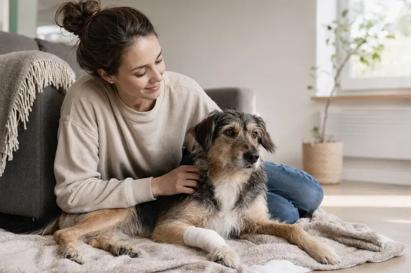 Ein Agassin Hund mit leichtem Verband an der Pfote liegt entspannt auf einer Decke, während sein Besitzer sorgsam neben ihm sitzt.