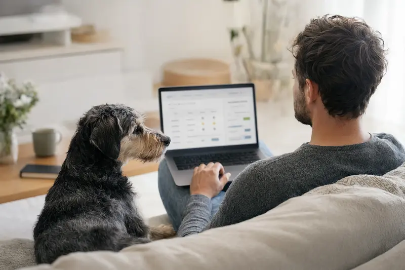 Ein Hundebesitzer mit Laptop auf dem Sofa, neben einem Agassin Hund, der eine neutrale Versicherungsvergleichsoberfläche betrachtet.