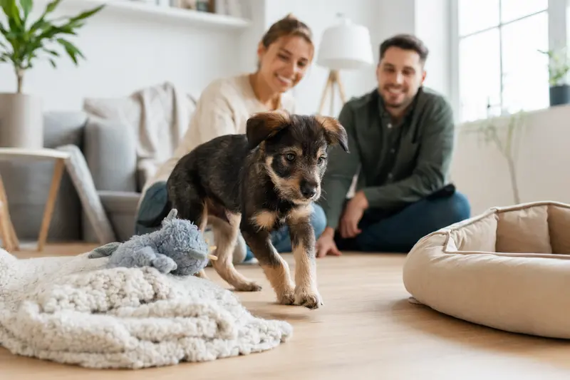 Ein neugieriger Agassin Welpe erkundet sein neues Zuhause mit einer liebevollen Familie im Hintergrund.