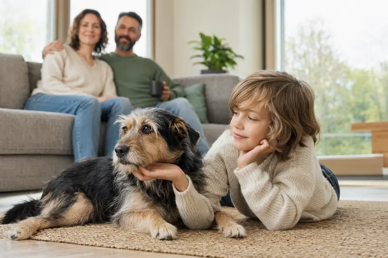 Ein freundlicher Aidi Hund liegt entspannt neben einem Kind in einer hellen, familiären Wohnzimmeratmosphäre.