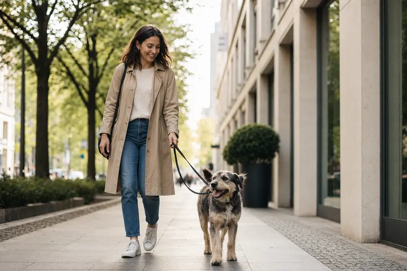 Ein Aidi Hund läuft an der Leine mit seinem Besitzer durch eine moderne Stadtstraße und genießt den Alltag.
