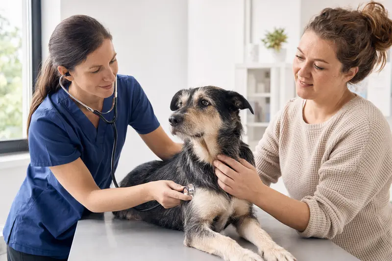 Ein ruhiger Aidi Hund wird von einer freundlichen Tierärztin in einer modernen Praxis mit einem Stethoskop untersucht, während der Besitzer beruhigend daneben steht.