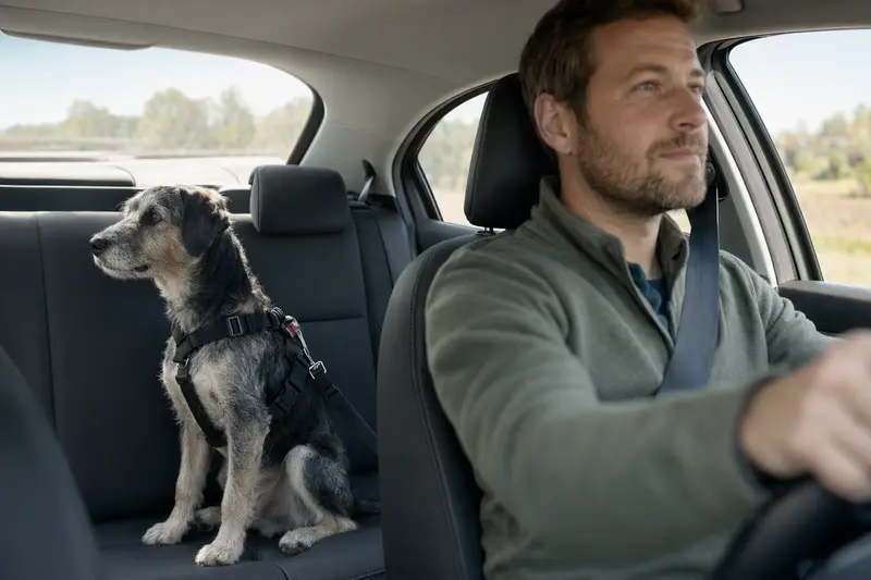 Ein Aidi Hund sitzt angeschnallt auf der Rückbank eines Autos, während der Besitzer sicher fährt.