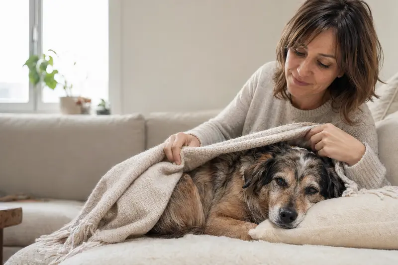 Ein entspannter Aidi Hund liegt in einem hellen Zuhause, während ein Besitzer ihm liebevoll eine Decke überlegt.