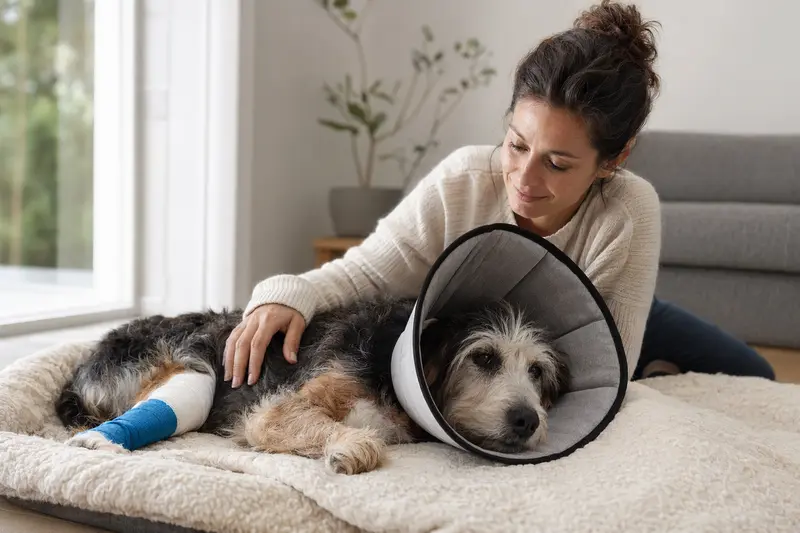 Aidi Hund entspannt auf einer Decke mit medizinischem Schutzkragen und Besitzer in beruhigender Nähe.