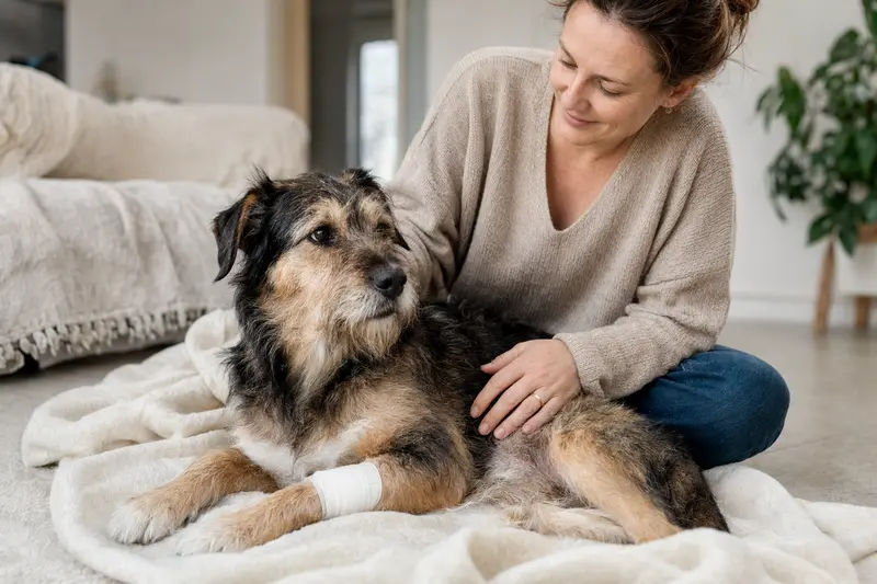 Ein Aidi Hund mit leichtem Verband an der Pfote liegt beruhigt auf einer Decke, während sein Besitzer ihn liebevoll ansieht.