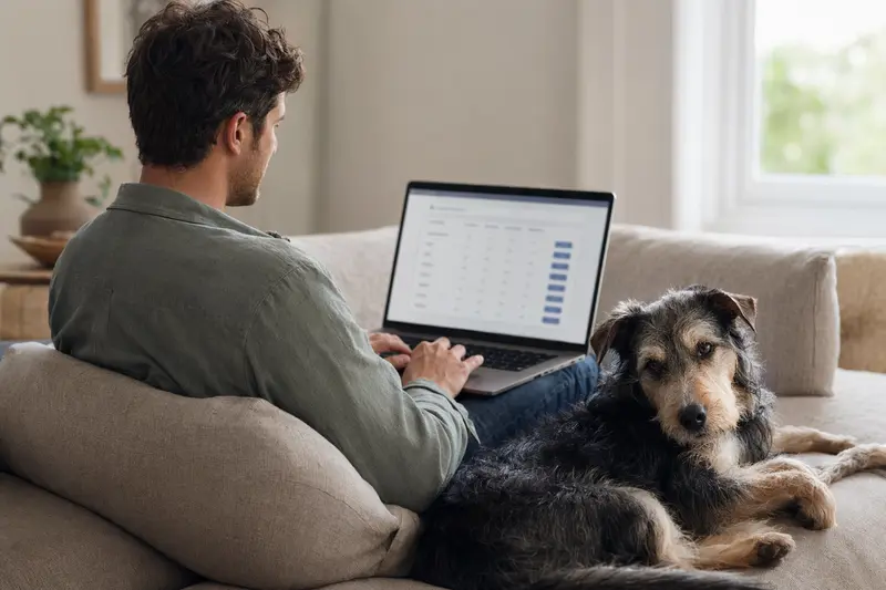 Ein Hundebesitzer sitzt mit einem Laptop auf dem Sofa, während ein Aidi neben ihm entspannend liegt, was auf eine sichere Wahl einer Tierkrankenversicherung hinweist.