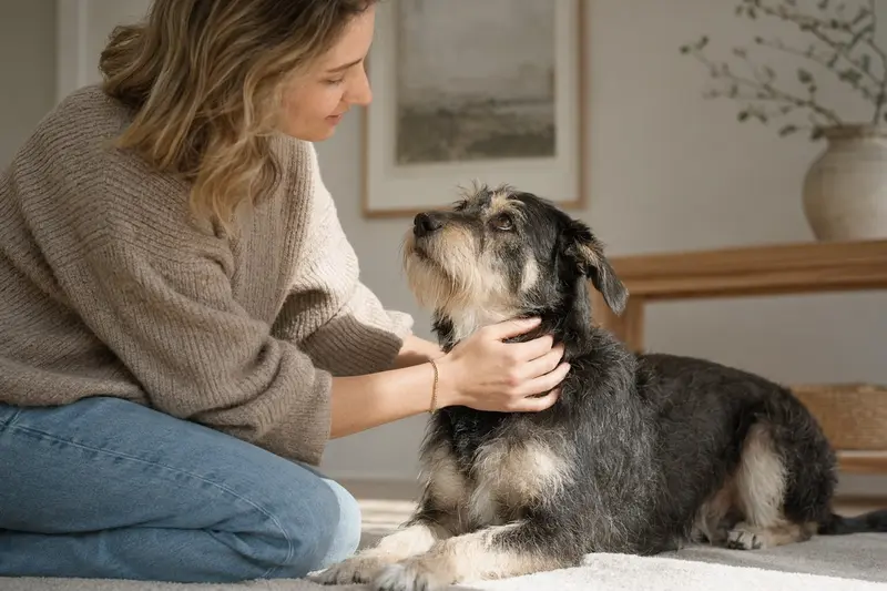 Ein aufmerksam stehender Aiidi Hund vor hellem Hintergrund als realistisches Tierportrait für einen Ratgeber zu Hundegesundheit und Versicherung.