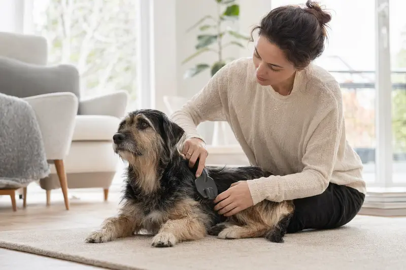 Ein Aiidi Hund wird zuhause sanft gebürstet, während sein Besitzer liebevoll die Fellpflege übernimmt.