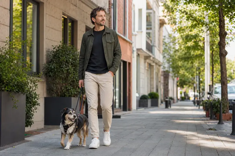 Ein Aiidi Hund läuft an der Leine neben seinem Besitzer durch eine helle, moderne Stadtstraße.