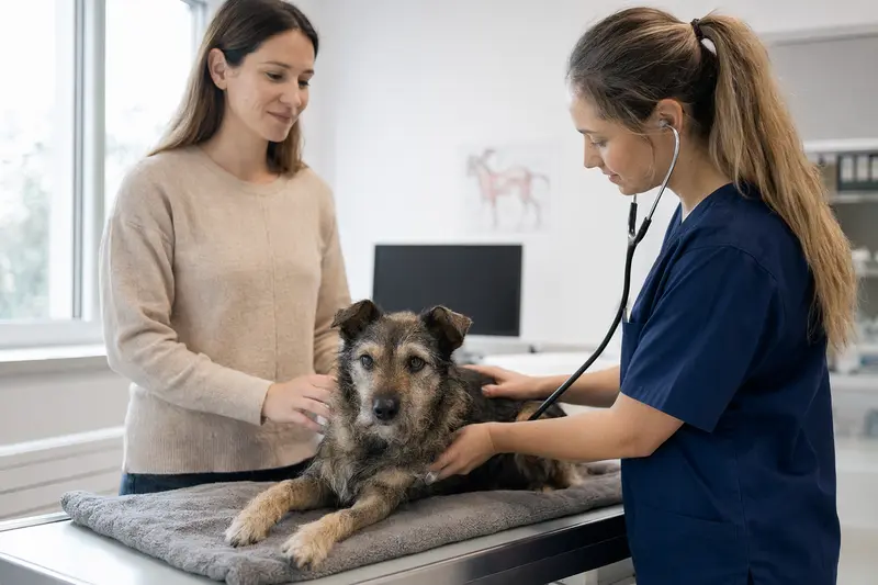 Ein ruhiger Aiidi Hund wird in einer modernen Tierarztpraxis behutsam mit einem Stethoskop untersucht, während sein Besitzer beruhigend danebensteht.