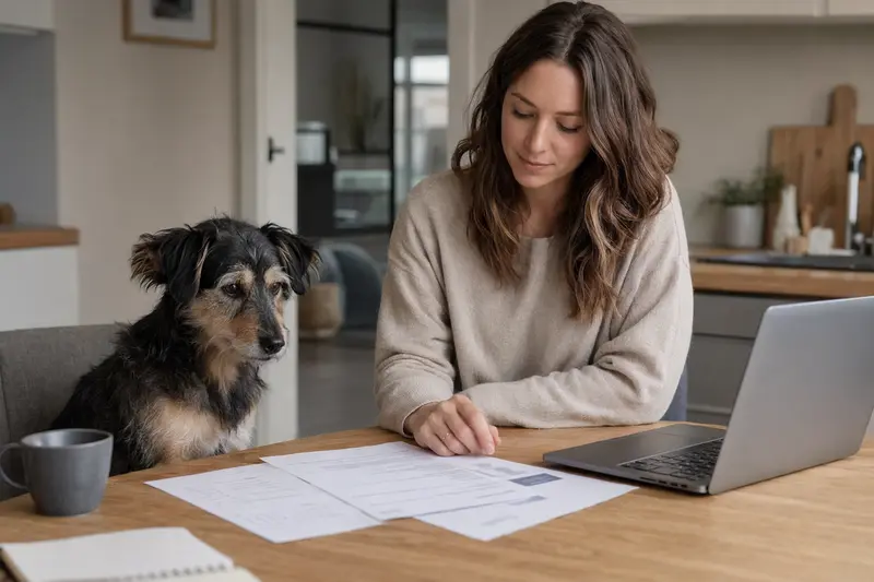 Ein Aiidi Hund sitzt ruhig neben seinem Besitzer am Küchentisch mit Versicherungsunterlagen und einem Laptop zur Hundekrankenversicherung.