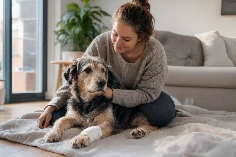 Ein Hund mit leichtem Verband an der Pfote liegt ruhig auf einer Decke neben seinem erleichterten Besitzer in einer hellen Wohnung.