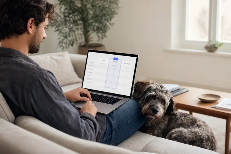 Ein Hund liegt neben seinem Besitzer, der auf einem Laptop Versicherungsoptionen für Tiere vergleicht.
