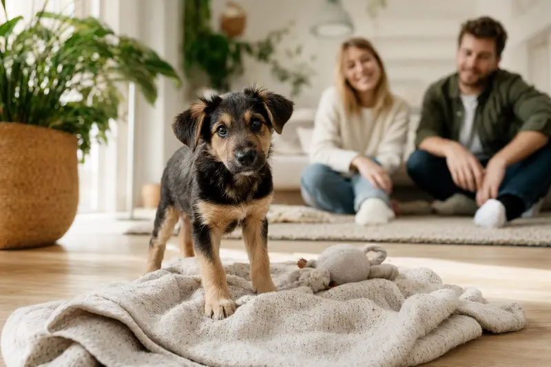 Junger Aiidi-Welpe erkundet neugierig sein neues Zuhause auf einer weichen Decke neben Spielzeug, während seine Familie im Hintergrund in einer hellen Wohnung zu sehen ist.