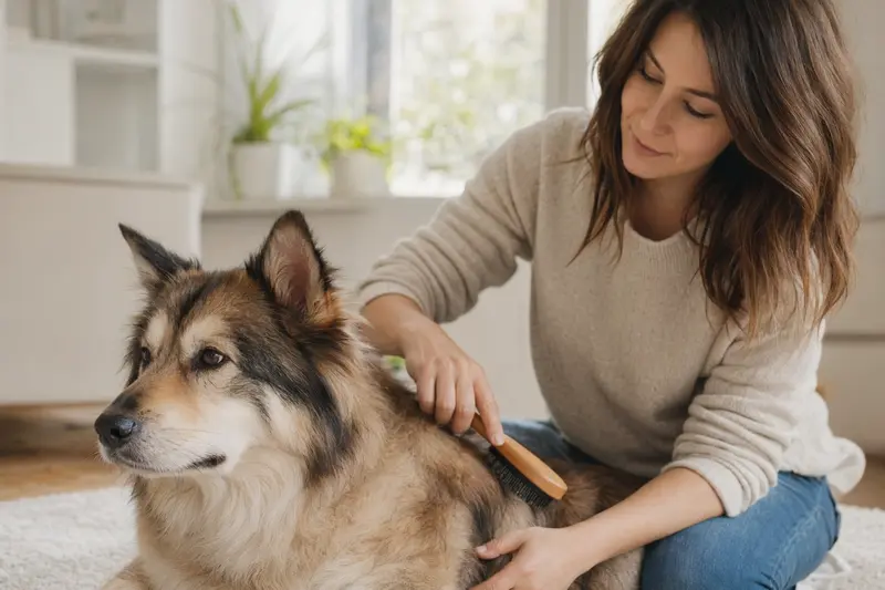 Ein liebevoller Besitzer bürstet seinen Ainu-Hund in einer hellen, ruhigen Wohnung, was die Bedeutung der Fellpflege und Gesundheit hervorhebt.